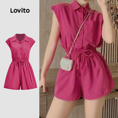 Lovito Phong cách thường ngày Bộ Jumpsuit Có Túi Xếp Ly Màu Đỏ Hồng Dành Cho Nữ Thích Hợp Cho Mùa Xuân/hè L150ED008