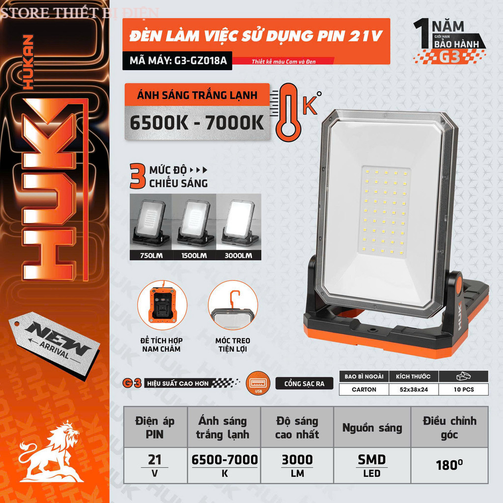 Đèn LED Làm Việc Pin 21V HUKAN G3-GZ018A, 3000LM SMD, 3 Chế Độ Sáng Xoay 180°, Có Nam Châm STORE THI