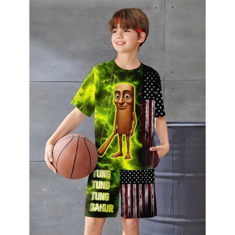 AI Games TungTungTung Sahur Áo thun in 3D + Quần short Bộ đồ thể thao thông thường mùa hè cho trẻ em