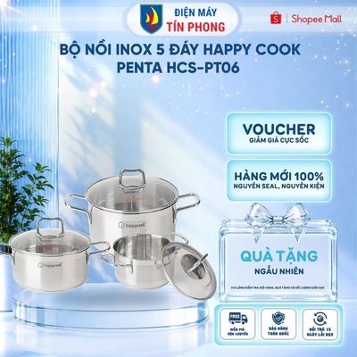 Bộ nồi inox 5 đáy Happy Cook Penta HCS-PT06 - size 16,20,24cm - Nấu Tất cả loại bếp- Hàng chính hãng
