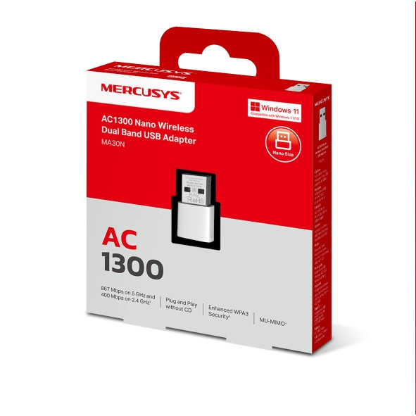 USB thu Wifi MERCUSYS MA30N AC1300 (Ko anten, Windowsz)