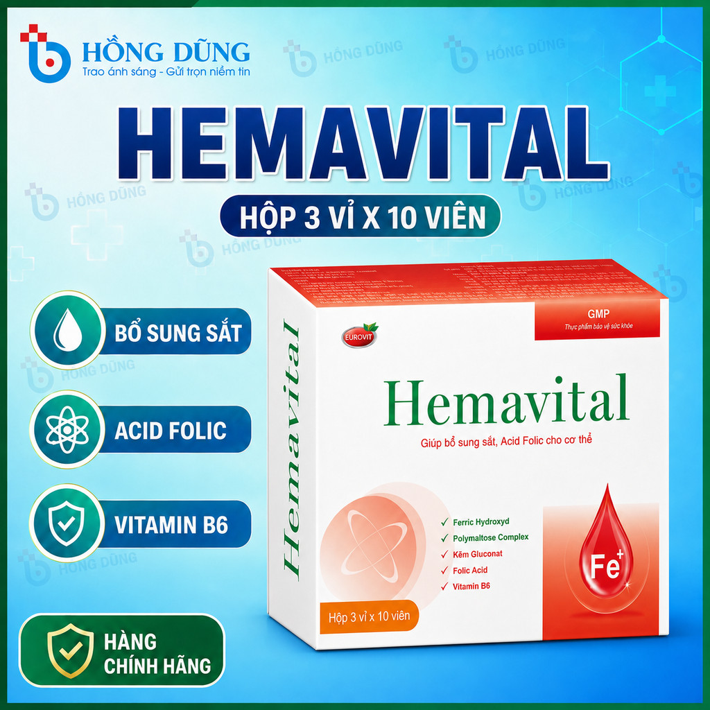 Sắt Hữu Cơ Cho Bà Bầu Eurovit Hemavital Hỗ Trợ Giảm Nguy Cơ Thiếu Máu Do Thiếu Sắt 30 Viên/Hộp