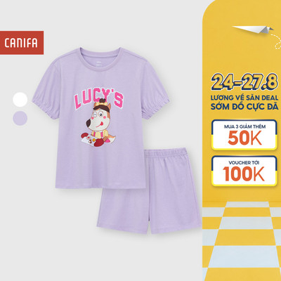 Bộ quần áo bé gái CANIFA mặc nhà chất liệu cotton mềm mát đạt chuẩn OEKO-TEX in hình Wolfoo 1LS26S011