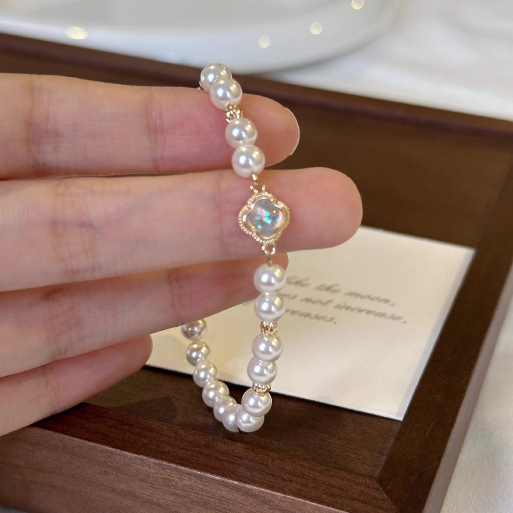 3GPL Pearl Four-leaf Clover Bracelet for Women, Natural Freshwater Pearl Beaded Bracelet, Exquisite 