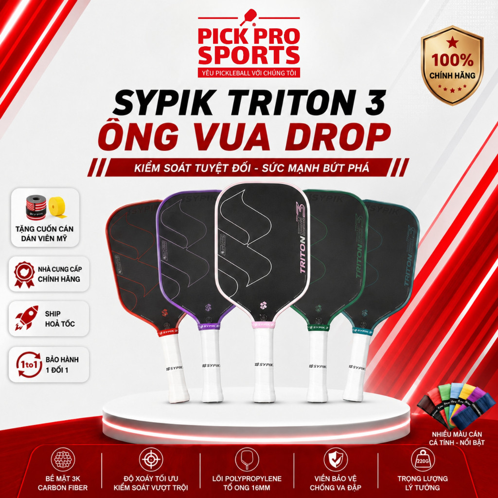 Vợt Pickleball Sypik Triton 3 Chính Hãng - Vua Drop Bóng, Sợi Carbon Siêu Nhám Tặng Cuốn Cán Dán Viề