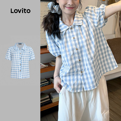(Kỳ nghỉ) Lovito Áo sơ mi nữ mùa xuân hè màu xanh lam phong cách học sinh họa tiết hình học cài cúc L179AD190