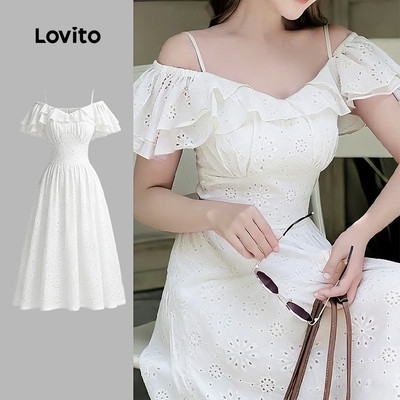 Đầm Lovito boho xếp nếp có khóa kéo mùa xuân/hè màu trắng cho nữ LR38E050