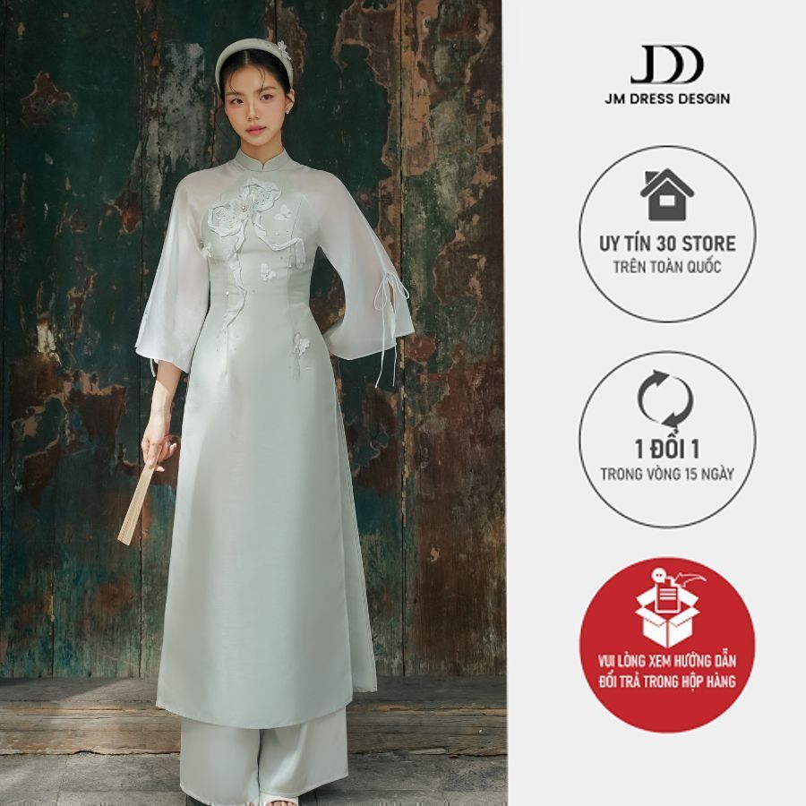 Áo dài Mị Sắc - Áo dài cổ tàu đính nơ, tay xẻ nơ 2M03.2410TF, áo dài cách tân thiết kế bởi JM Dress 
