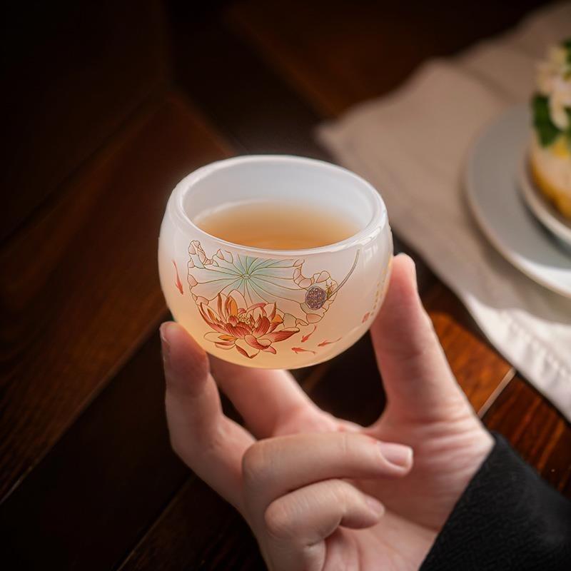 Frosted Lotus Glass Master Cup Lotus Pond Fish Play White Jade Glass Tea Set Cốc trà cao cấp Bộ trà 