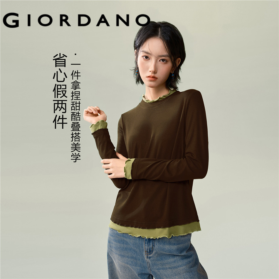 GIORDANO WOMEN Contrast lettuce trim long sleeve tee 18326527