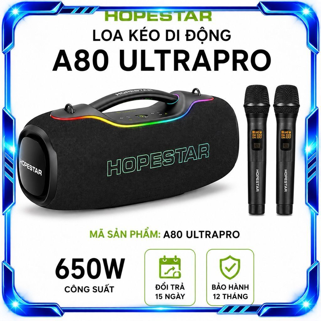 Loa Karaoke Bluetooth Hopestar A80 Ultra Pro 650W PMPO Kèm 2 Micro Không Dây, Bluetooth 5.4, Pin 400