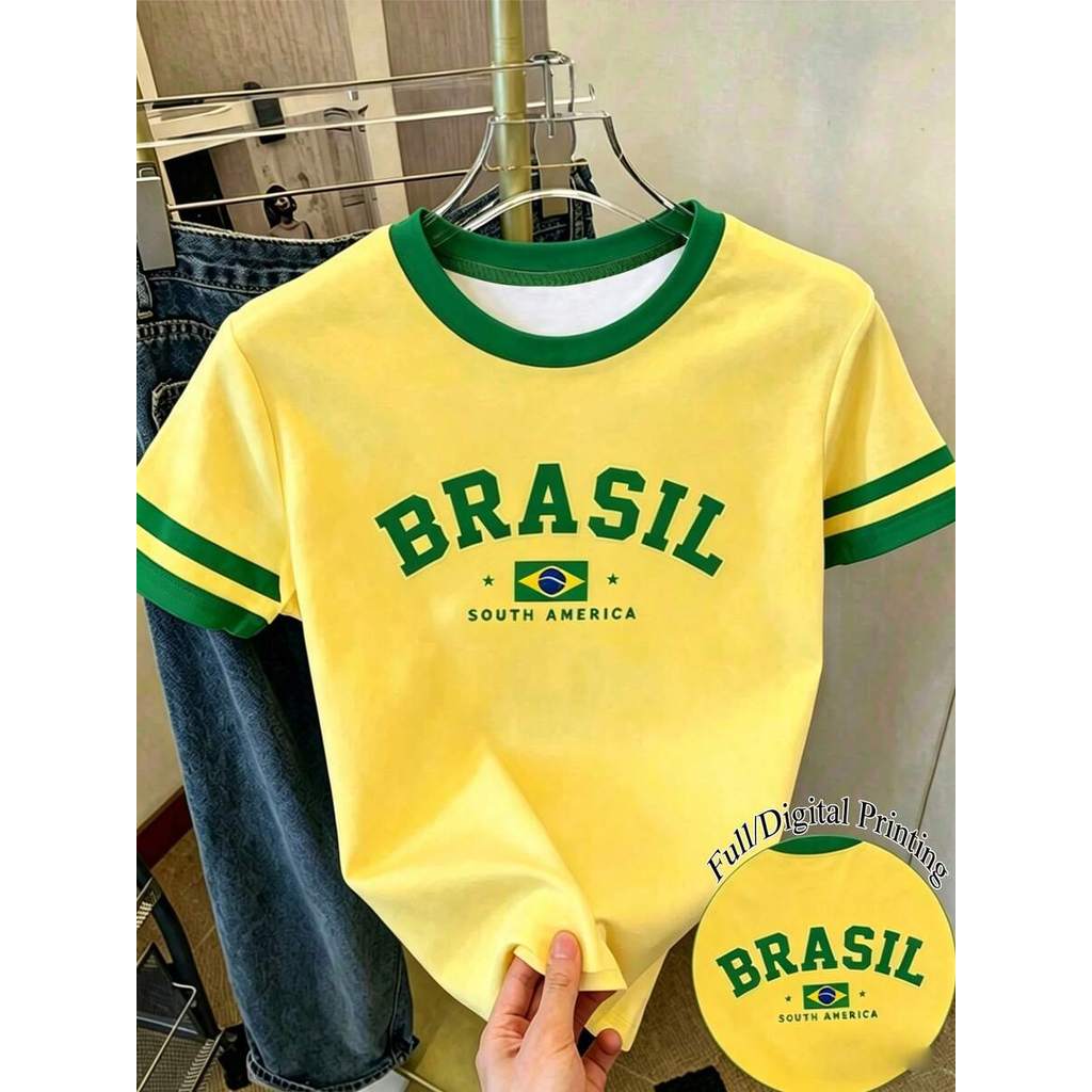 Áo thun croptop cho bé gái in họa tiết toàn thân, áo thun tay ngắn viền tương phản chủ đề Brazil, áo