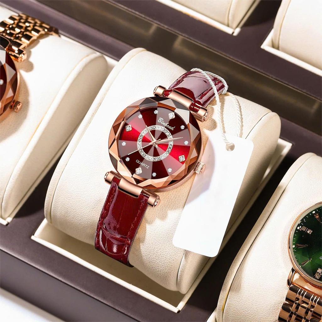 Đồng Hồ Nữ BINBOND N3 Chính Hãng Dây Da Bóng Sang Trọng Kính Hình Chóp Đính Đá