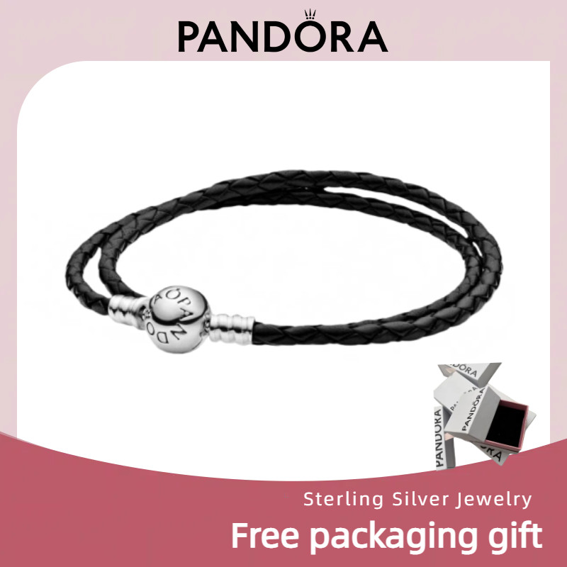 S925 sterling bạc trang sức mặt dây chuyền vòng tay quà tặng Pandora Moments Vòng tay da đen đôi 590
