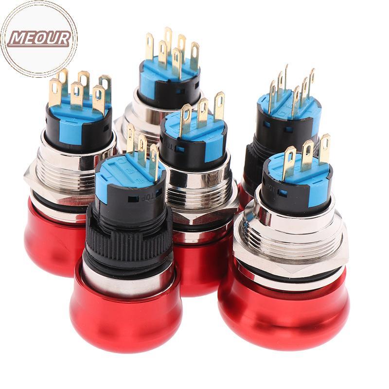 Meour 16mm 19mm 22mm Nút chặn khẩn cấp Nút kim loại Đầu nấm Nút nhấn Công tắc dừng 1NO1NC 2NO2NC Côn