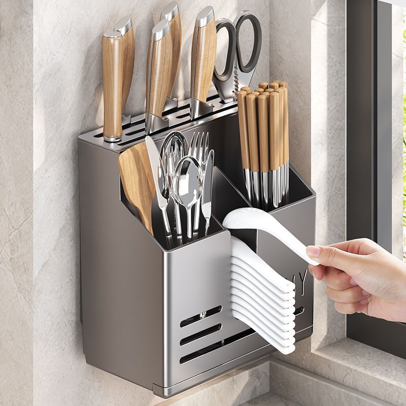 Hot Sale#Kitchen Storage Rack Multifunctional No-Drill Knife Holder Integrated Chopstick Holder Chop