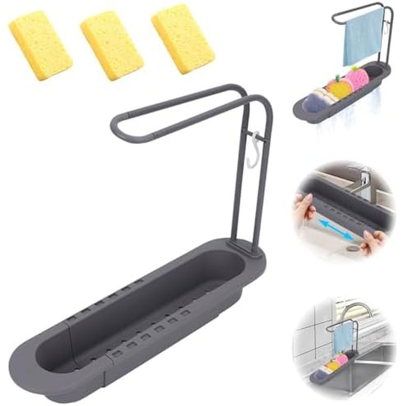 Giá để đồ bồn rửa bằng kính thiên văn BigKing - Khay thoát nước có thể mở rộng với 3 miếng bọt biển,