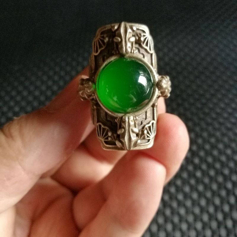 Bộ Sưu Tập Cổ Vintage Bạc Kẻ Sọc Chrysoprase Mã Não Nhẫn Miao Bạc Sống Nhẫn Guagualai Cai Nhẫn 7.3.2