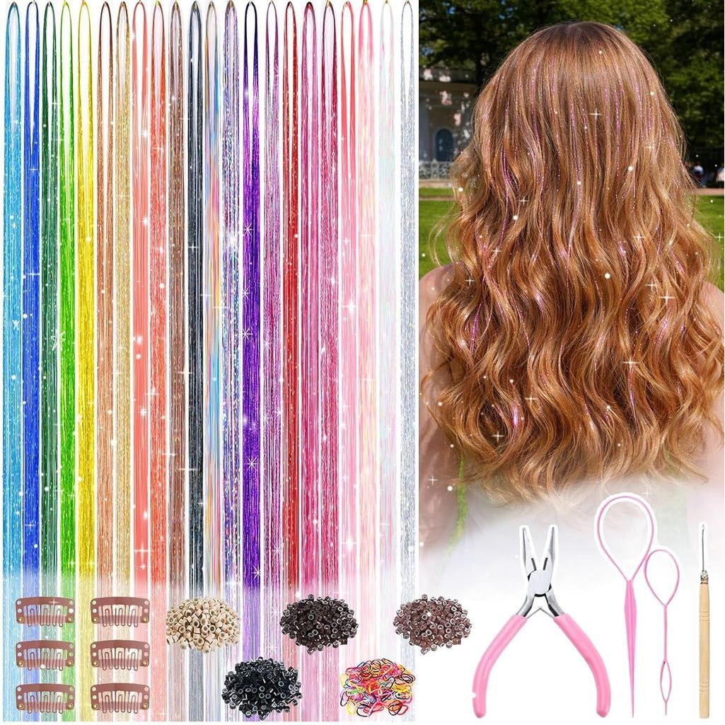 Hair Tinsel, 22 Màu Fairy Hair Tinsel Kit dành cho bé gái Phụ nữ 48 Inch 8800 Dây kèm dụng cụ Phụ ki