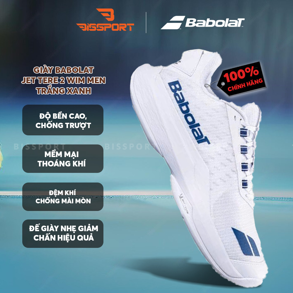 Giày Tennis/Pickleball Babolat Jet Tere 2 Wimbledon Men Trắng Xanh Chính Hãng - Đế Bám Mọi Sàn - Độ 