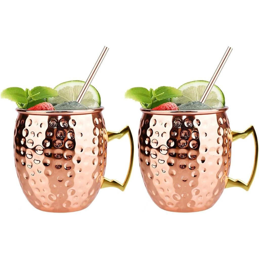 TJ Moscow Mule Mugs Set of 2, Rose Hammered Mule Cup 17 oz, Bộ cốc có tay cầm bằng đồng bằng lót bằn