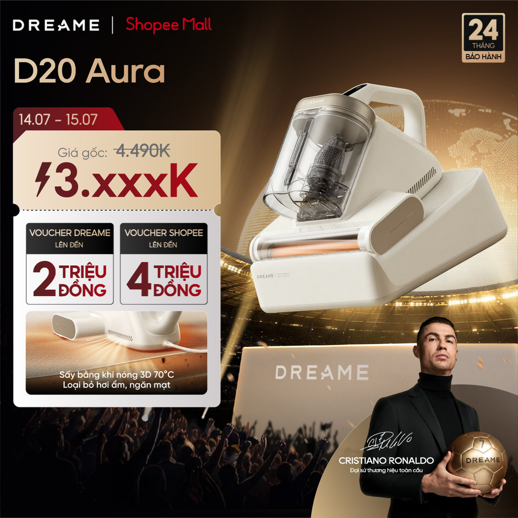 Dreame D20 Aura Máy hút bụi giường nệm diệt khuẩn LED UV | lực hút 16.000Pa | sấy khí nóng 3D 70°C | BH 24 tháng | BigBuy360 - bigbuy360.vn