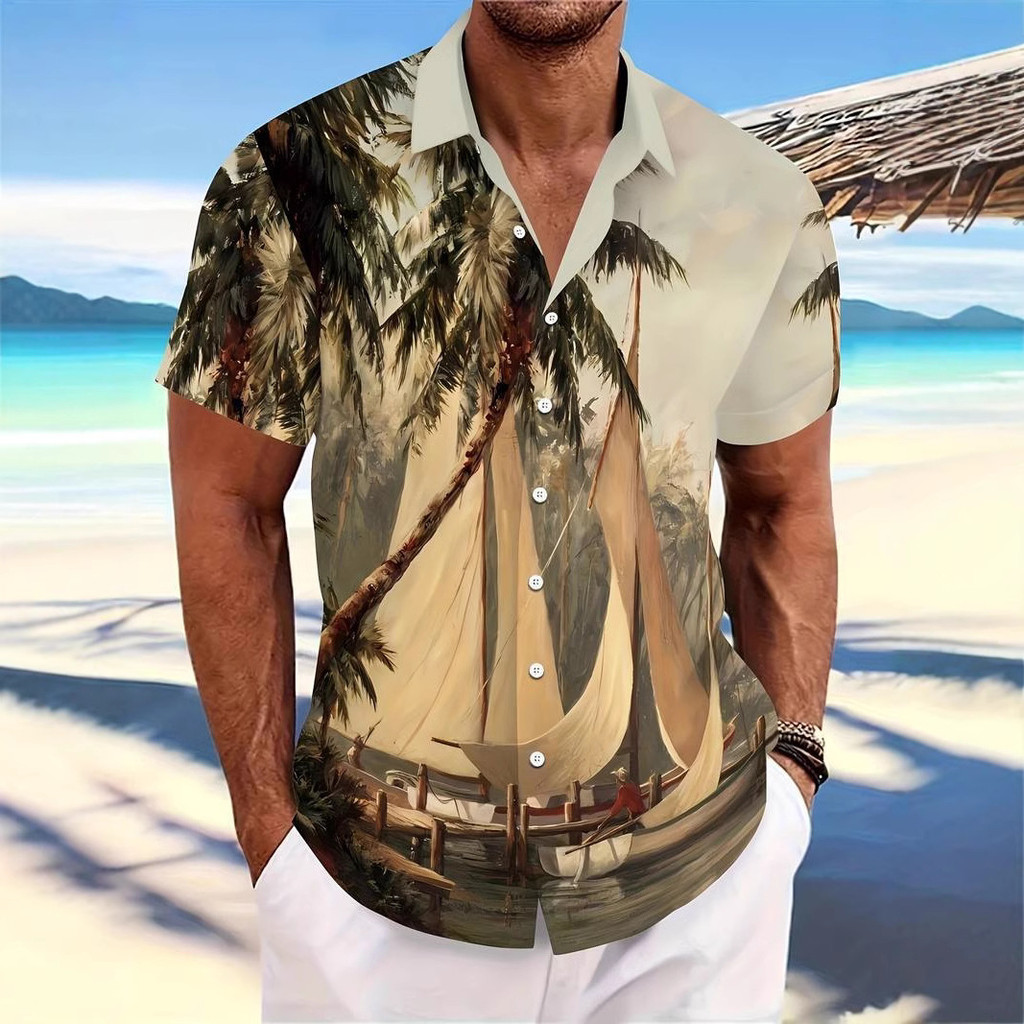 Áo sơ mi nam kỹ thuật số 3d Bán chạy mùa hè Hawaii Seaside Coconut Tree Pattern Áo sơ mi ngắn tay