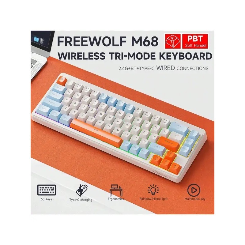 Bàn phím cơ không dây ba chế độ FREEWOLF M68 68 phím RGB PBT 2000mAh
