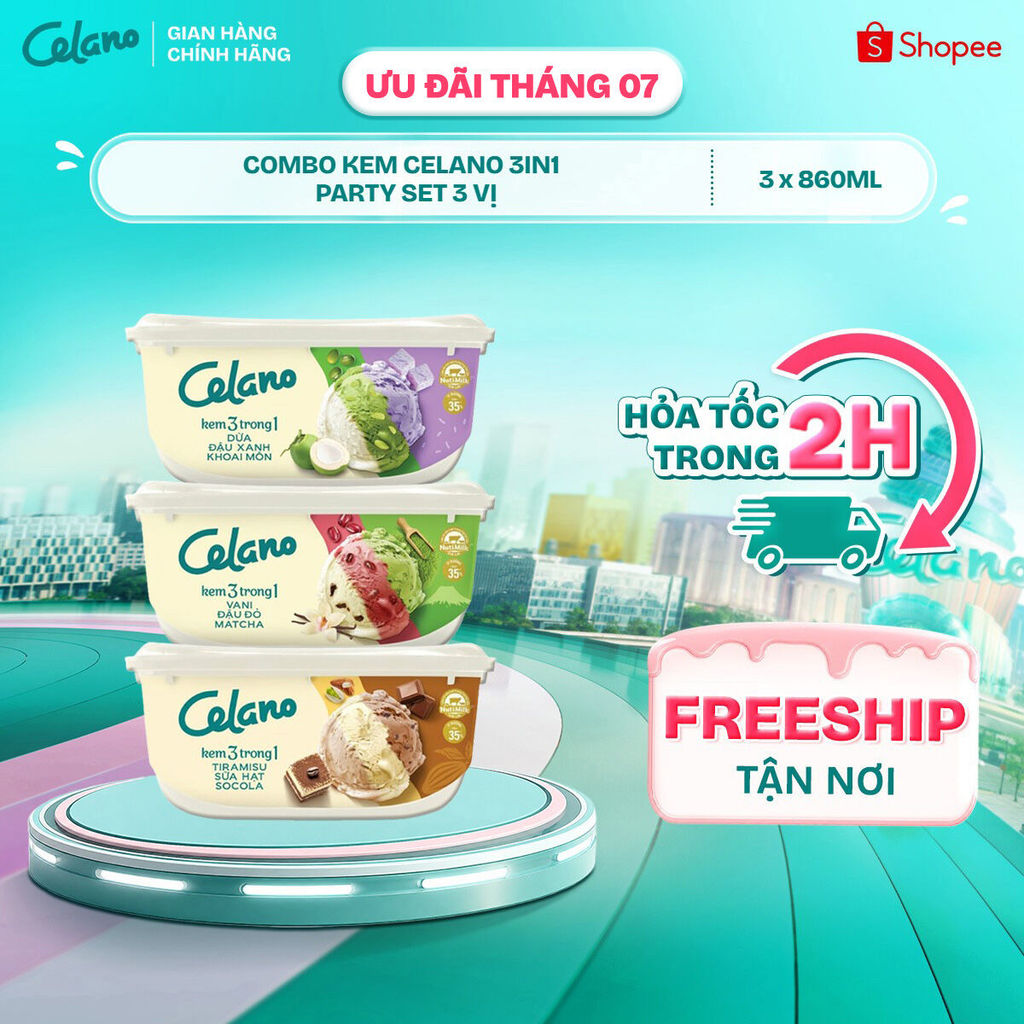 [Hỏa tốc HN/HCM] CB Kem CELANO 3in1 PARTY SET 3 vị: Dừa - Đậu Xanh - Khoai Môn, Vani - Đậu Đỏ - Matc