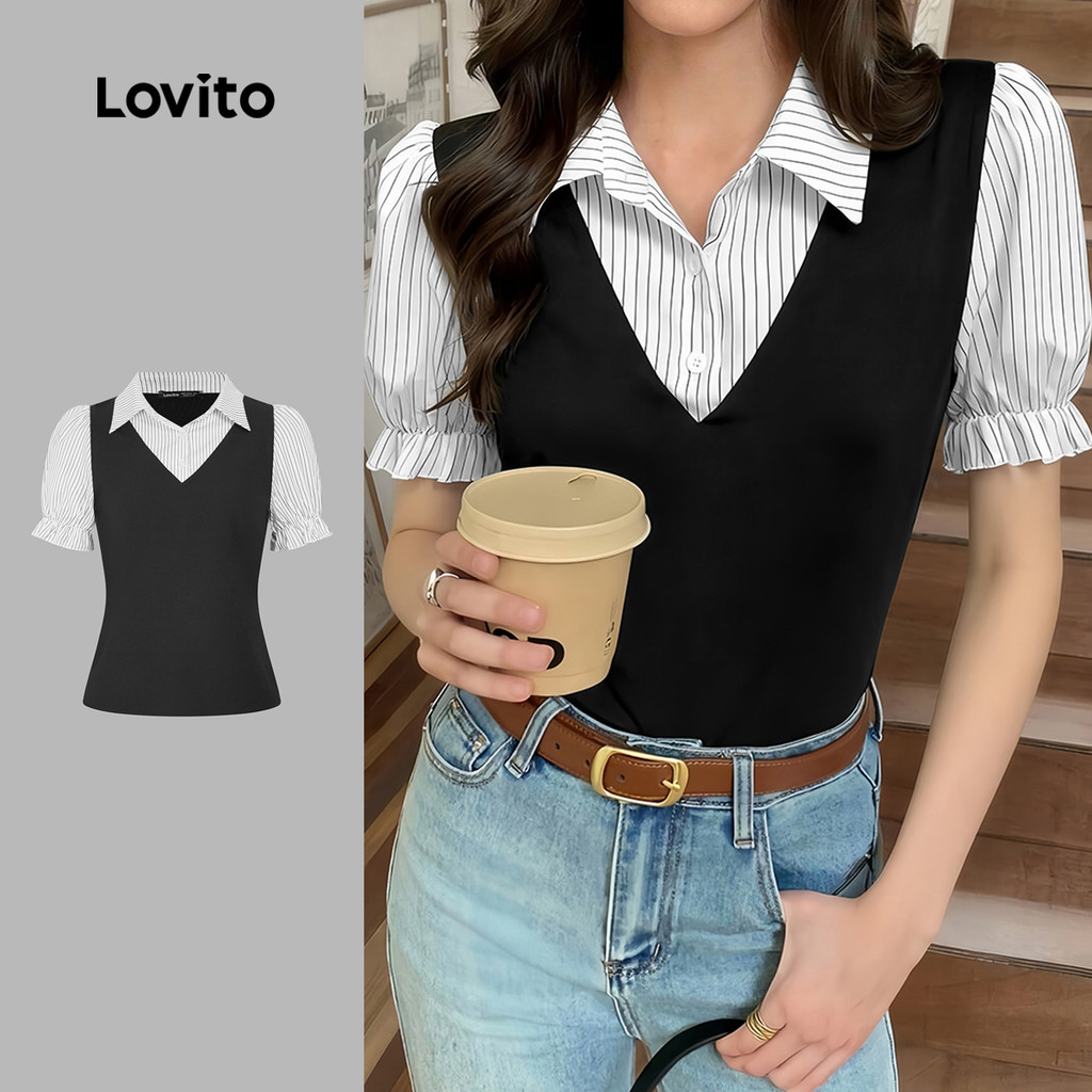 (New Arrival) Lovito Áo sơ mi nữ thanh lịch giả 2 trong 1 phối nút may vải áo sơ mi đen trắng xuân/h
