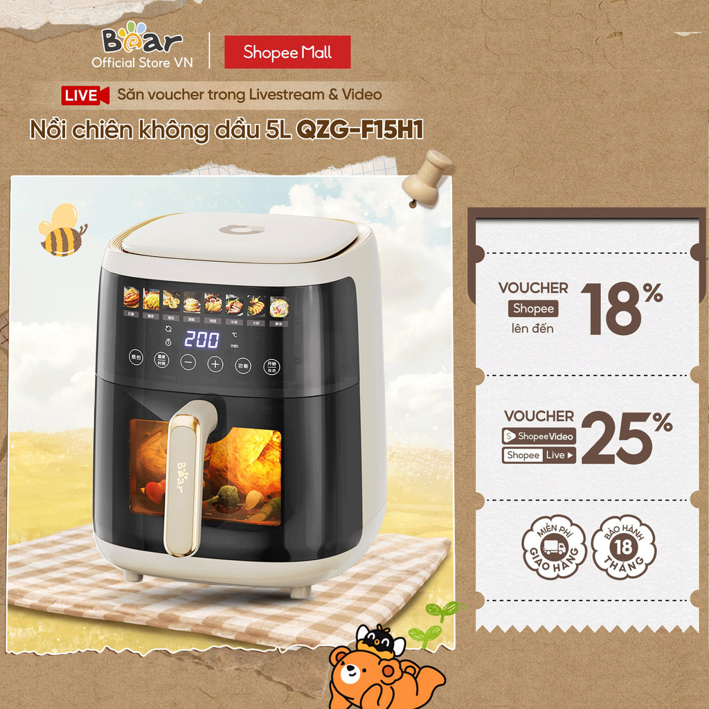 Nồi Chiên Không Dầu 5L Bear QZG-F15H1 - Hàng Chính Hãng