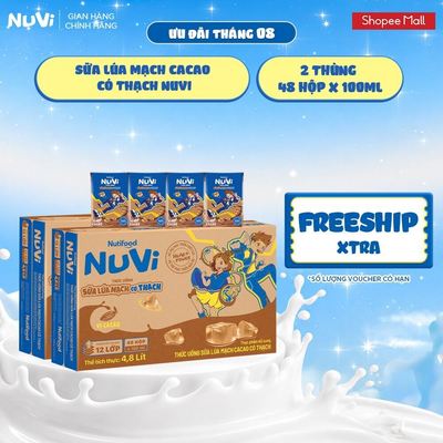 Combo 2 Thùng 48 Hộp Thức Uống Sữa Lúa Mạch Cacao Có Thạch NuVi 100ml