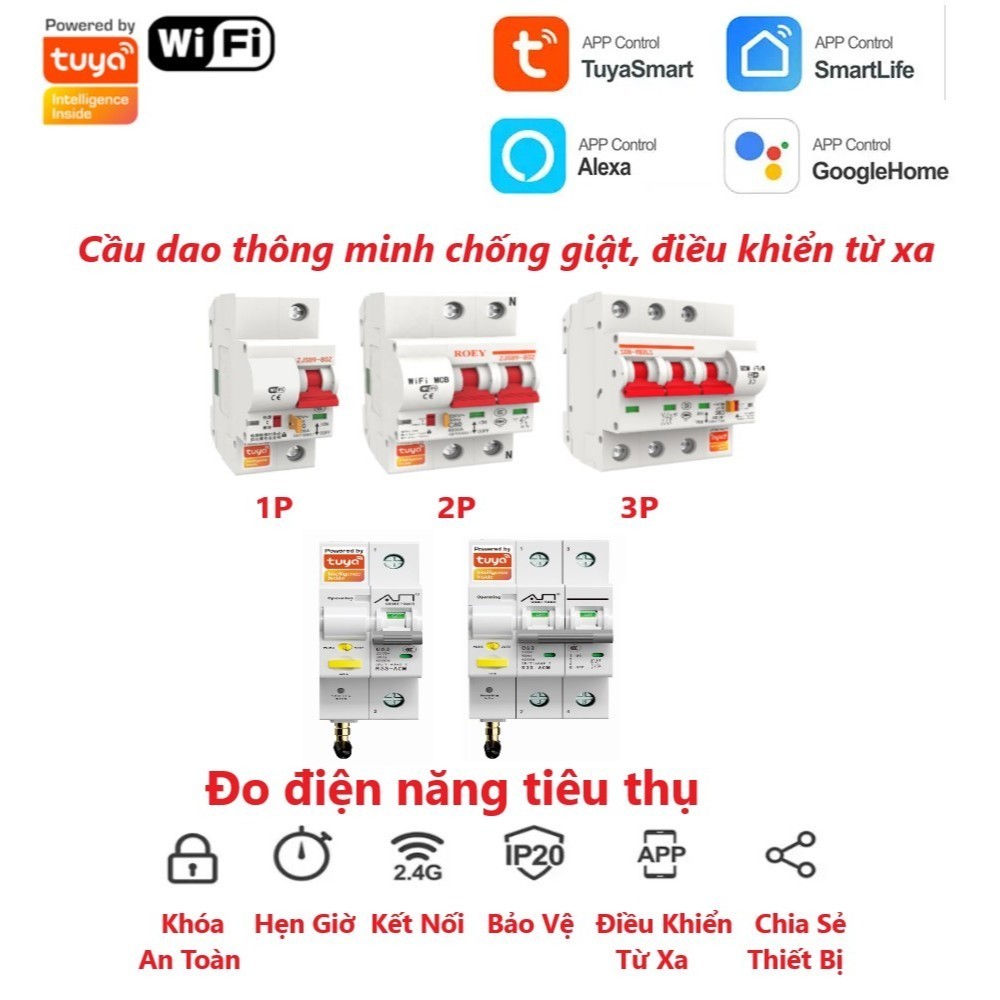 Aptomat Cầu Dao Tổng Điều Khiển Qua Wifi Tuya 80A 63A 40A 32A 25A