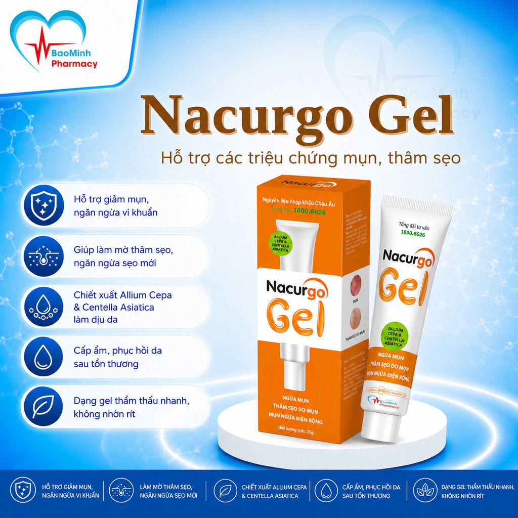Gel Bôi Mụn Nacurgo Gel Mờ Thâm Sẹo Mụn Giảm Mụn Đầu Đen Mụn Ẩn Kiểm Soát Bã Nhờn Tuýt 20g