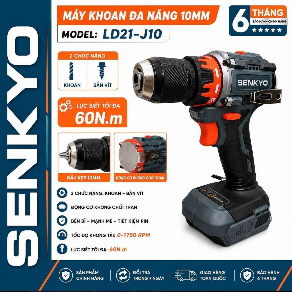 Thân Máy Khoan Pin 10mm SENKYO LD21-J10, Lực Siết 60Nm, Có Khoá Trục, Động Cơ Không Chổi Than, Chất 