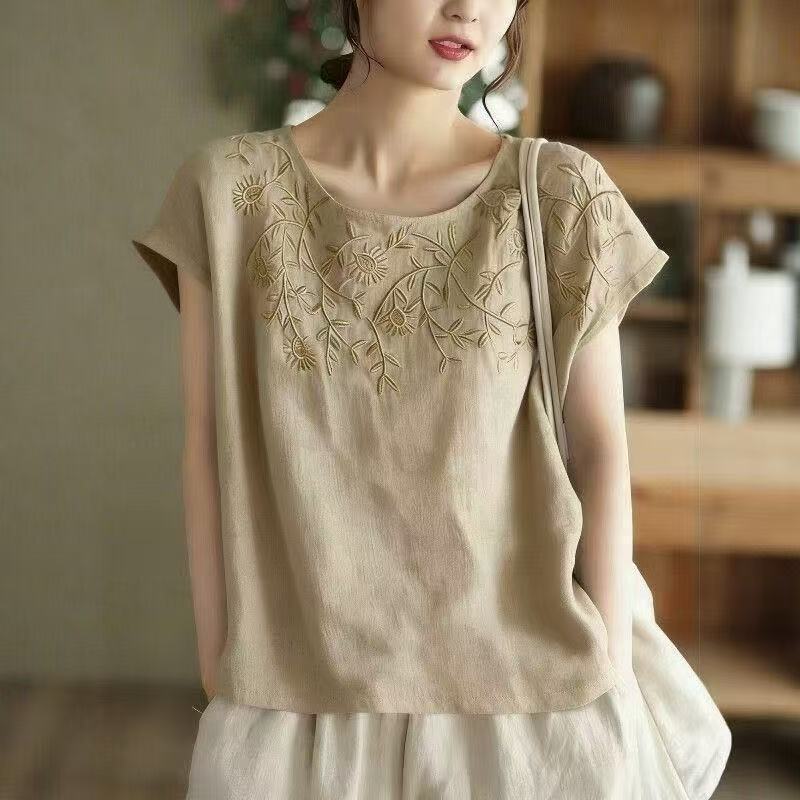 QIAOQIAO Spike Tóc Thẳng 2026 Nữ Vải Lanh Cotton Retro Tính Khí Phù Hợp Với Áo Thun Chui Đầu Công Ng