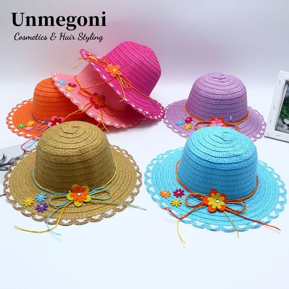 Mũ Rơm UNMEGONI, Vành Rộng Mũ Chống Nắng 3-7Year, Trang Trí Hoa Ngọt Ngào Handmade Mũ Đi Biển Du Lịc