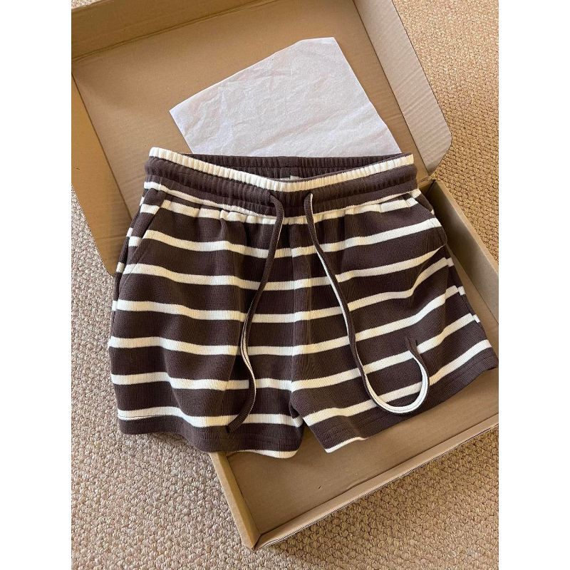 [Seckill trong thời gian có hạn] Quần short sọc thời trang phong cách Hàn Quốc dành cho nữ Phong cách mới lưng thấp thon gọn hơn Dây rút thẳng dáng rộng thông thường