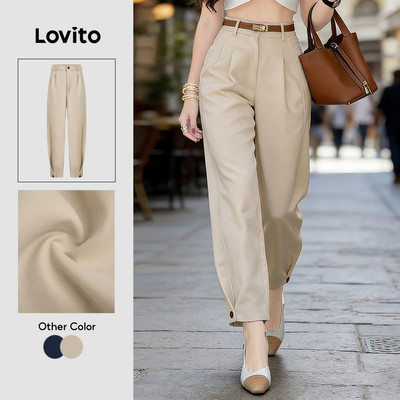 (New Arrival) Lovito Quần tây nữ khaki dáng suông cúc mùa xuân/hè L195AD156