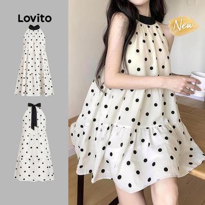 (New Arrival) Lovito Đầm thường ngày màu sắc tương phản nơ lưng dáng rủ mùa xuân/hè màu trắng ngà dành cho nữ L200AD191