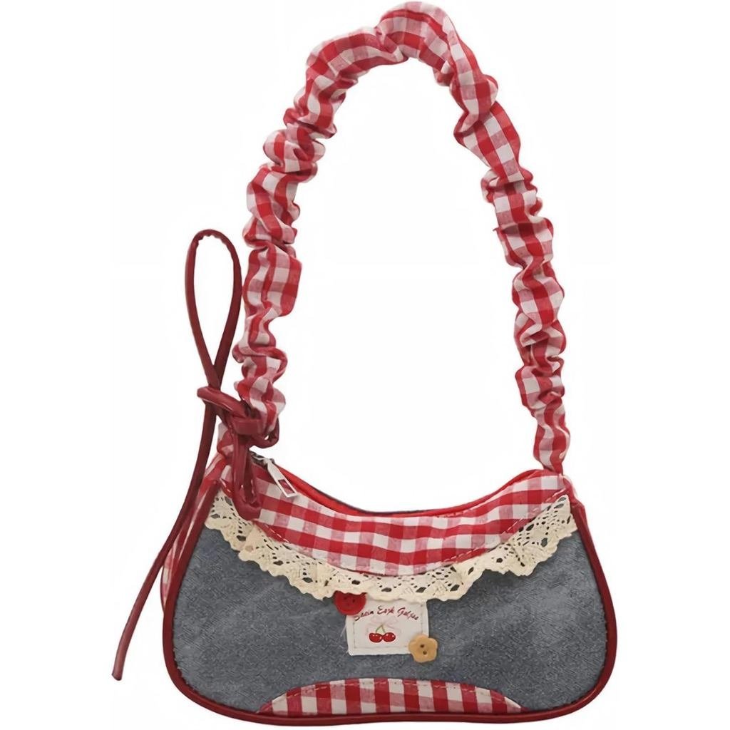 gingham cherry bag for women, coquette kawaii plaid shoulder bag bow, lace small patchwork purse, y2