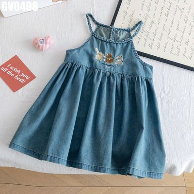 Váy hai dây bé gái MINTSCLOSET denim wash dáng xòe thêu ba thú cưng GV0498