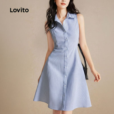 Lovito thanh lịch Váy Lịch Lãm Cổ Bẻ Phù Hợp Công Sở Xuân Hè Xanh Nhạt L158ED974