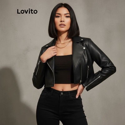 Lovito Women's Casual Moto Jacket PU Leather Notched Lapel Zipper Coat (Black) L45LD008