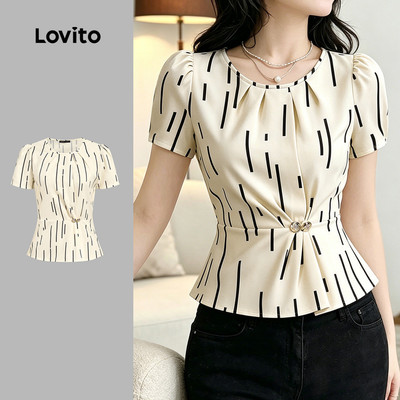 (New Arrival) Lovito Áo sơ mi nữ tay lỡ cài nút dáng xếp ly phong cách thường ngày mùa xuân/hè L196ED294