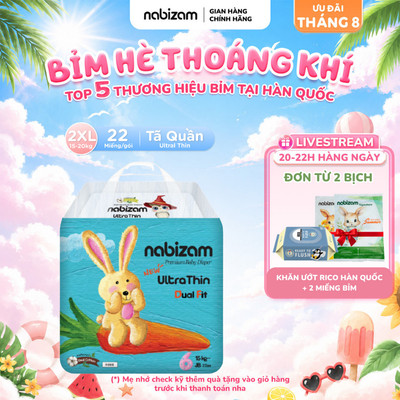 Tã/Bỉm Quần Nabizam Ultra Thin Nội Địa Hàn Mỏng Vượt Trội, Thấm Hút Nhanh Size 2XL22 Cho Bé Từ 15-20kg, 22 Miếng/Bịch