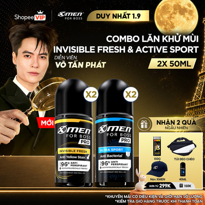[SVIP] [MỚI] Combo 2 Lăn Khử Mùi Xmen for Boss PRO 50ml/chai Invisible Fresh & Ultra Sport, 96H Giảm Mùi Mồ Hôi & Vệt Ố