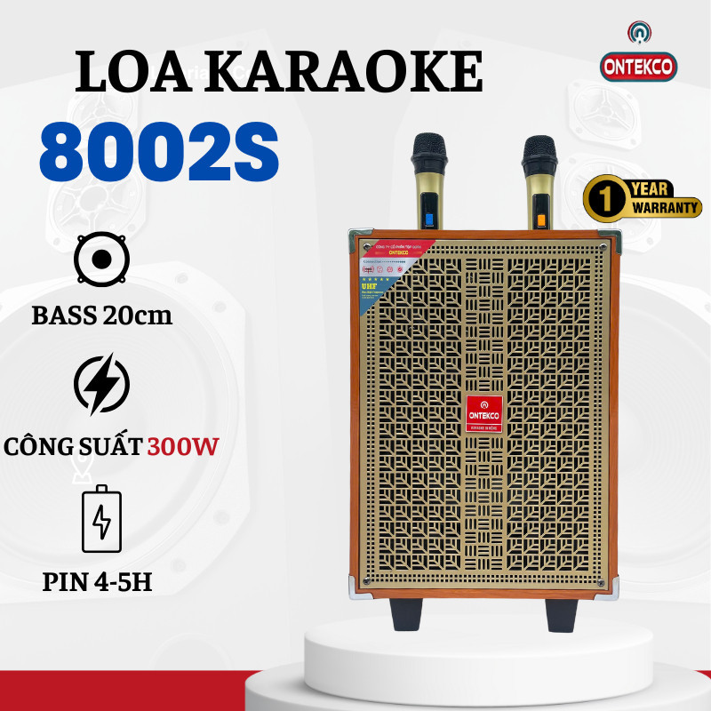 Loa kéo gỗ ONTEKCO 8002s kèm 2 micro không dây chuyên nghiệp, Bass 20 nhỏ gọn công suất lớn