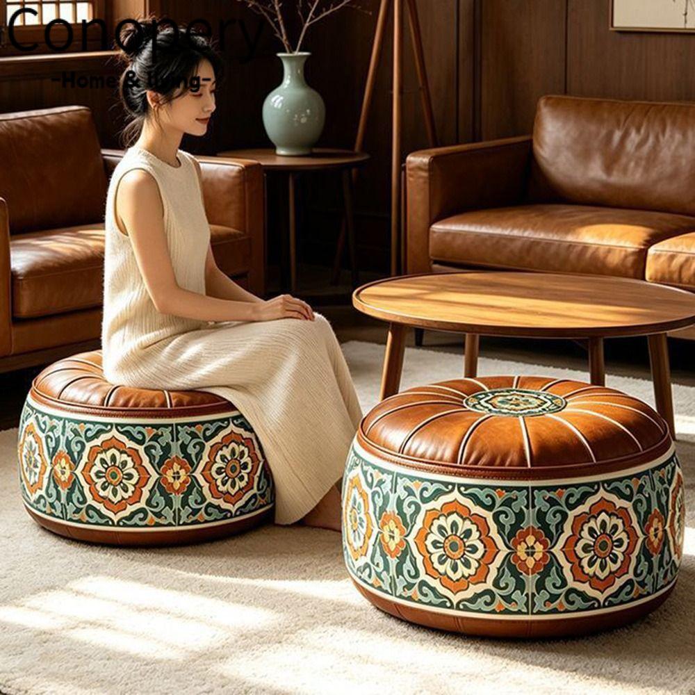 CONOPERY Storage Ottoman, Phong Cách Ma-rốc Hình Tròn Có Thể Lấp Đầy Ottoman Pouf, Họa Tiết Thêu Da 