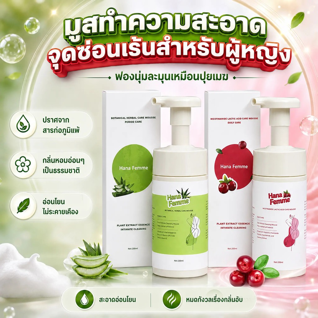 Mousse làm sạch vùng thân mật HANA FEMME chứa niacinamide và axit lactic. Chiết xuất nam việt quất, 